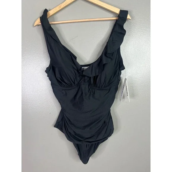 DKNY black one piece swimsuit plunge underwire tummy control Beach, island - Picture 9 of 9